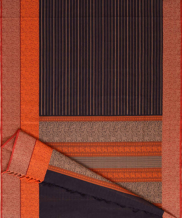 Black Orange Maroon Cotton Handwoven Kanchi Saree