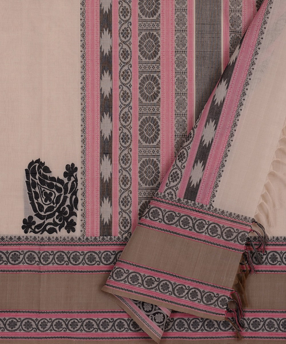 White Grey black Cotton Handwoven Kanchi Saree