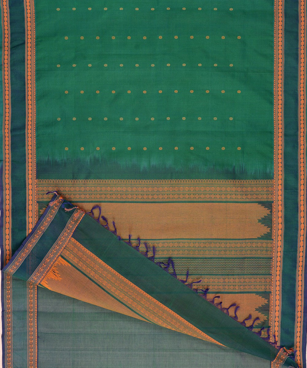 Cyan green handwoven cotton silk kanchi saree