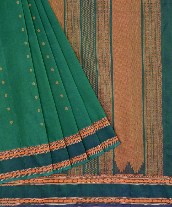 Cyan green handwoven cotton silk kanchi saree