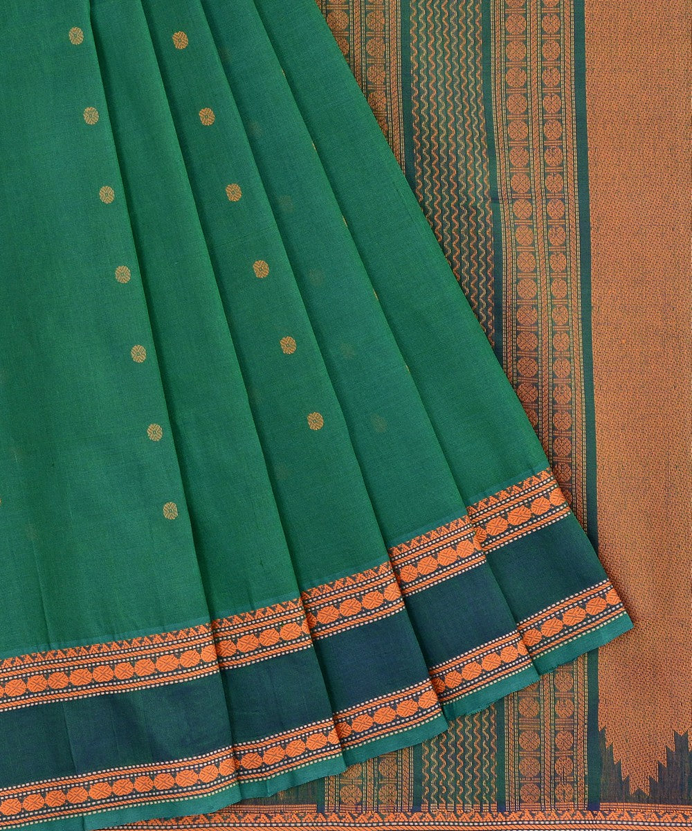 Cyan green handwoven cotton silk kanchi saree