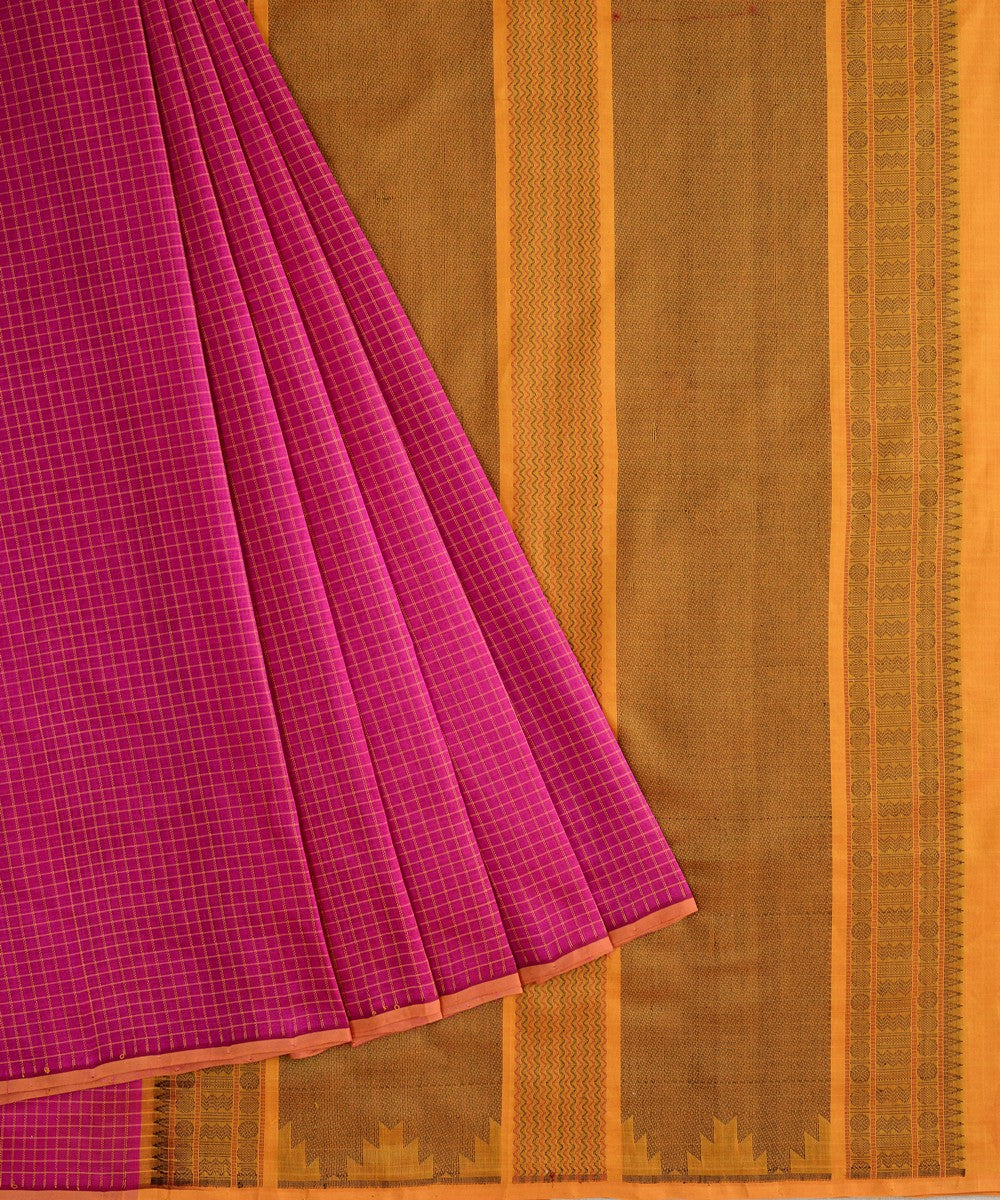 Pink handwoven cotton silk podikattam kanchi saree