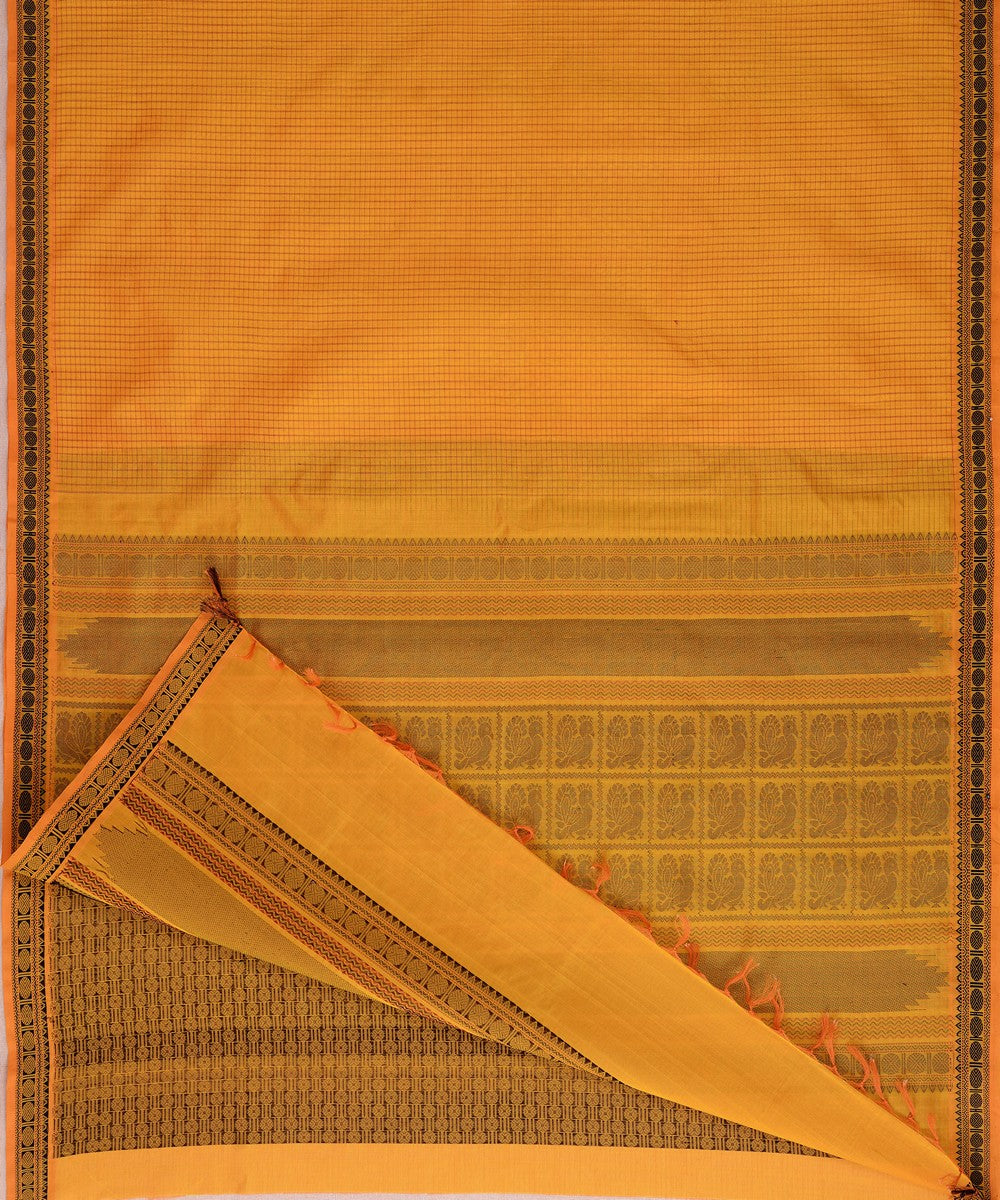 Amber yellow handwoven cotton silk podikattam kanchi saree