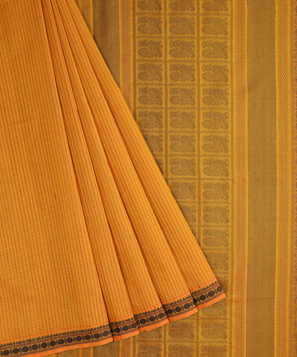 Amber yellow handwoven cotton silk podikattam kanchi saree