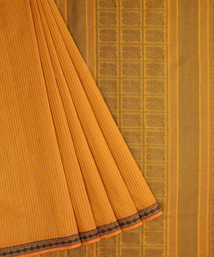 Amber yellow handwoven cotton silk podikattam kanchi saree