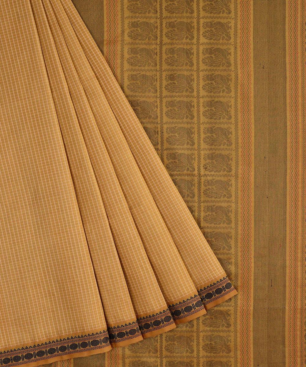 Beige handwoven cotton silk podikattam kanchi saree