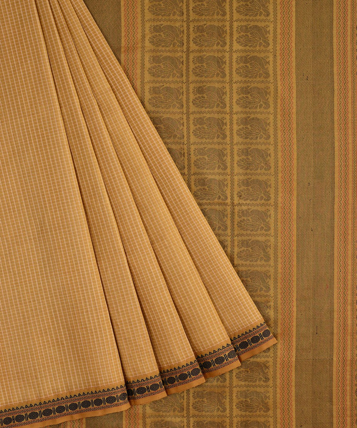 Beige handwoven cotton silk podikattam kanchi saree