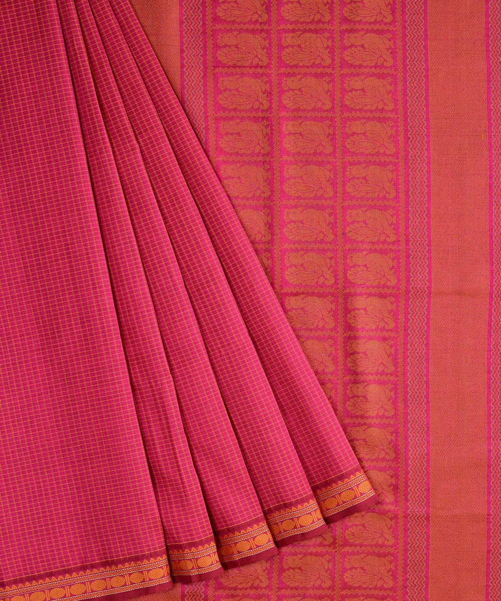 Rose pink handwoven cotton silk podikattam kanchi saree