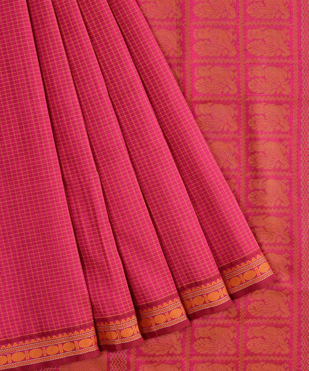 Rose pink handwoven cotton silk podikattam kanchi saree