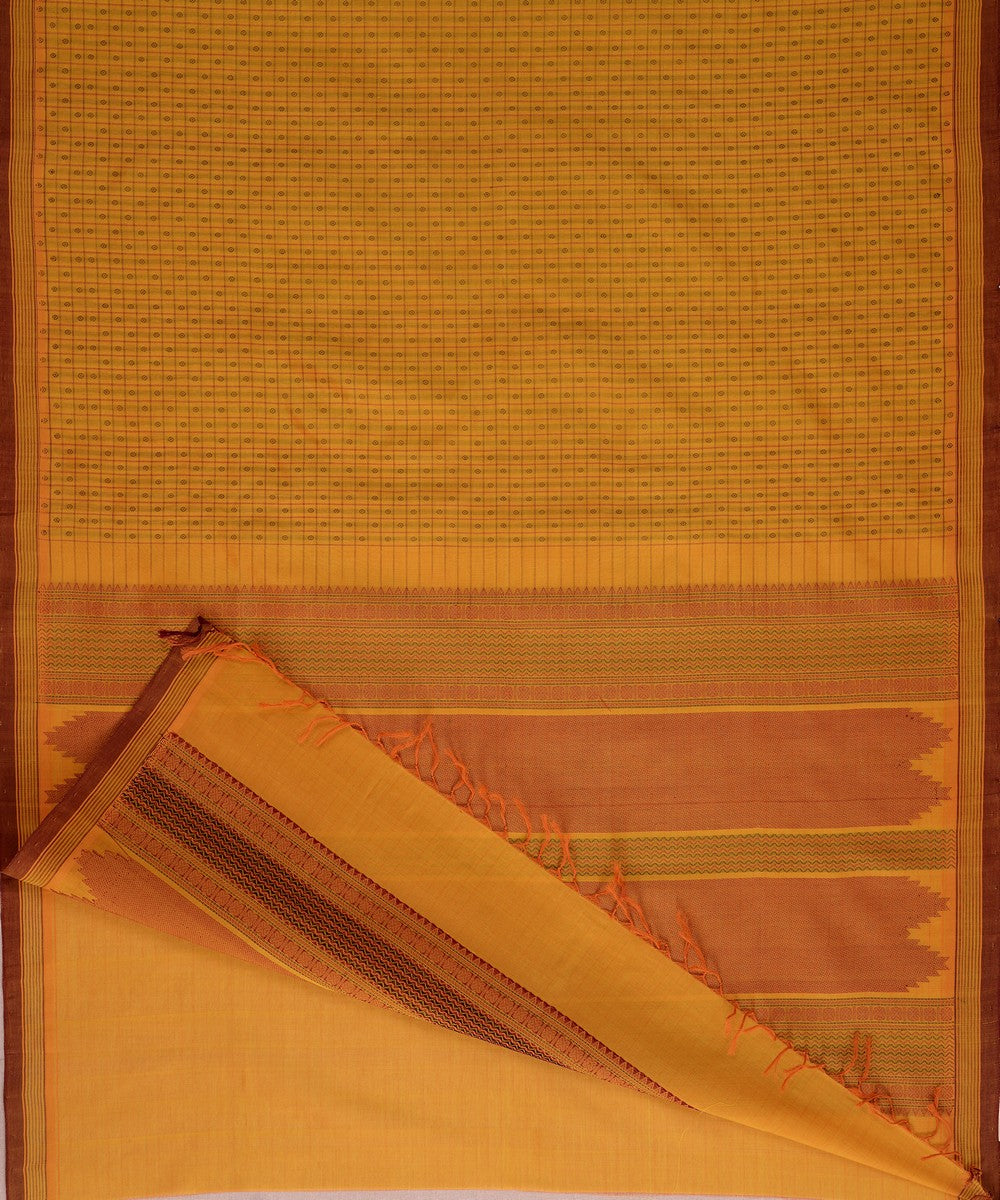 Mustard handwoven cotton silk lakshadeepam kanchi saree