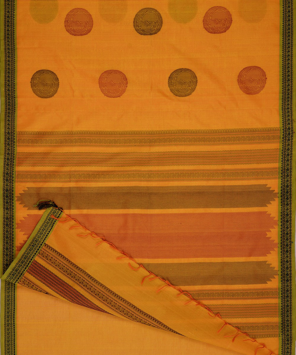 Dark yellow handwoven cotton silk kanchi saree