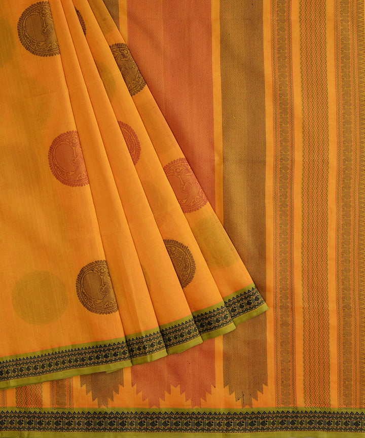 Dark yellow handwoven cotton silk kanchi saree