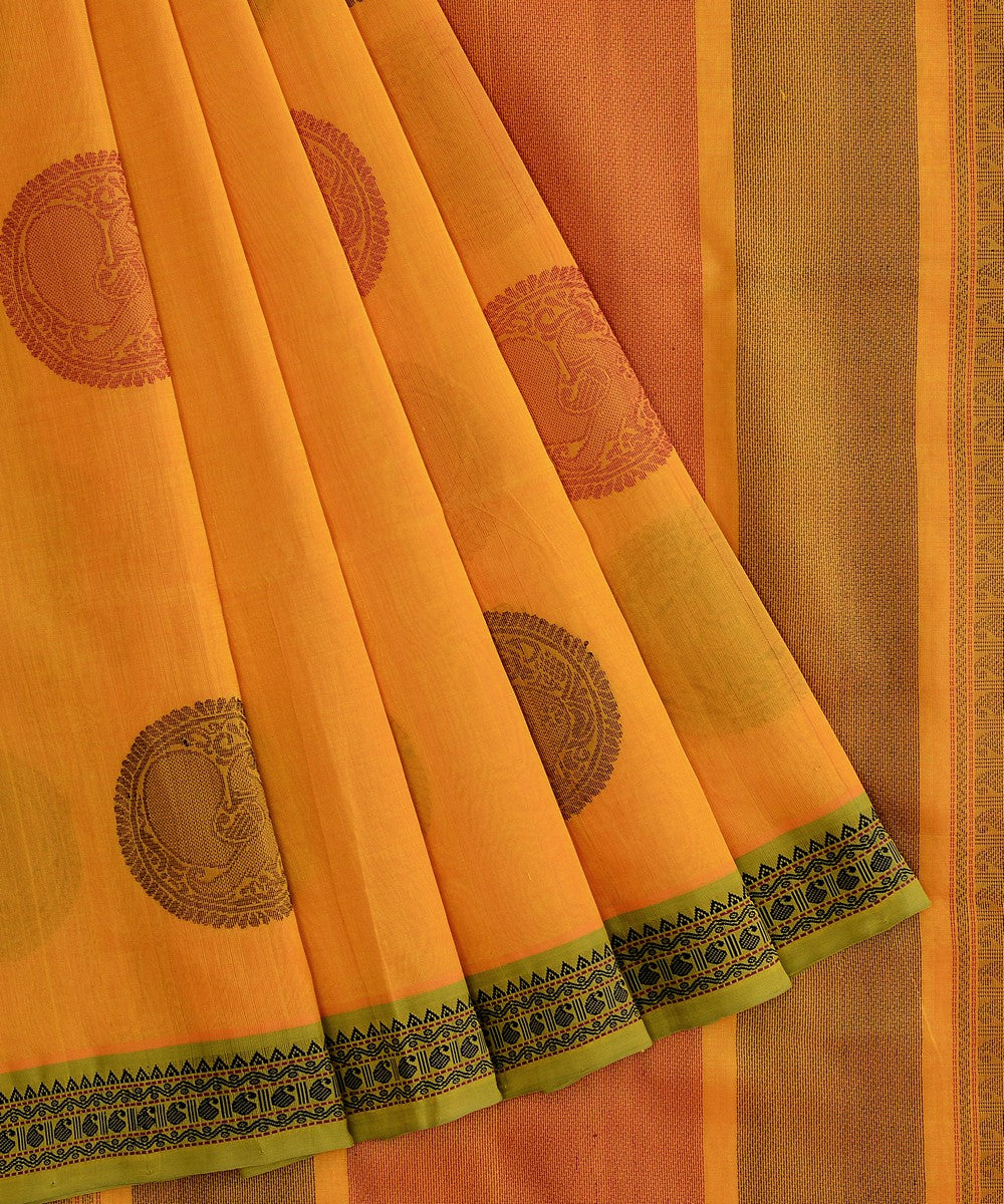 Dark yellow handwoven cotton silk kanchi saree