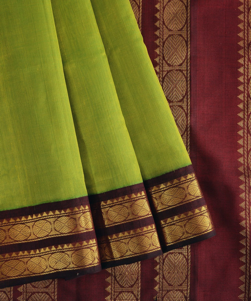 Lime green wine cotton silk handwoven kanchi saree