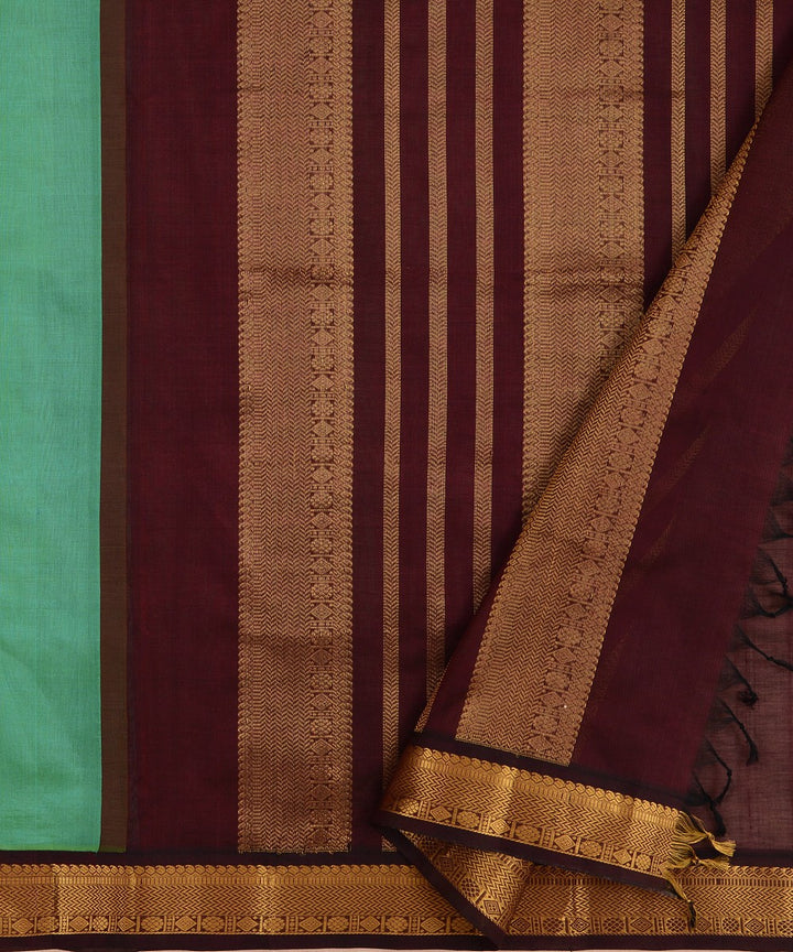 Rama green and deep purple cotton silk handwoven kanchi saree