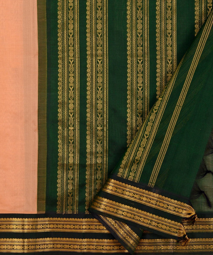 Peach green cotton silk handwoven kanchi saree