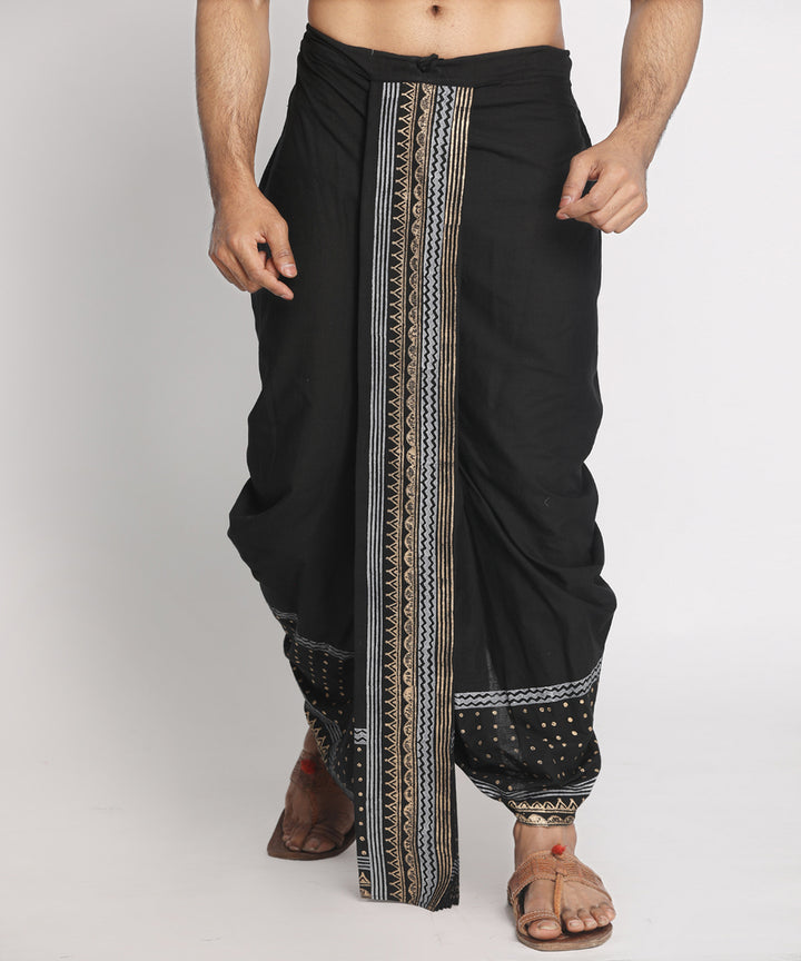 Black cotton hand block printed ready to wear stitched dhoti