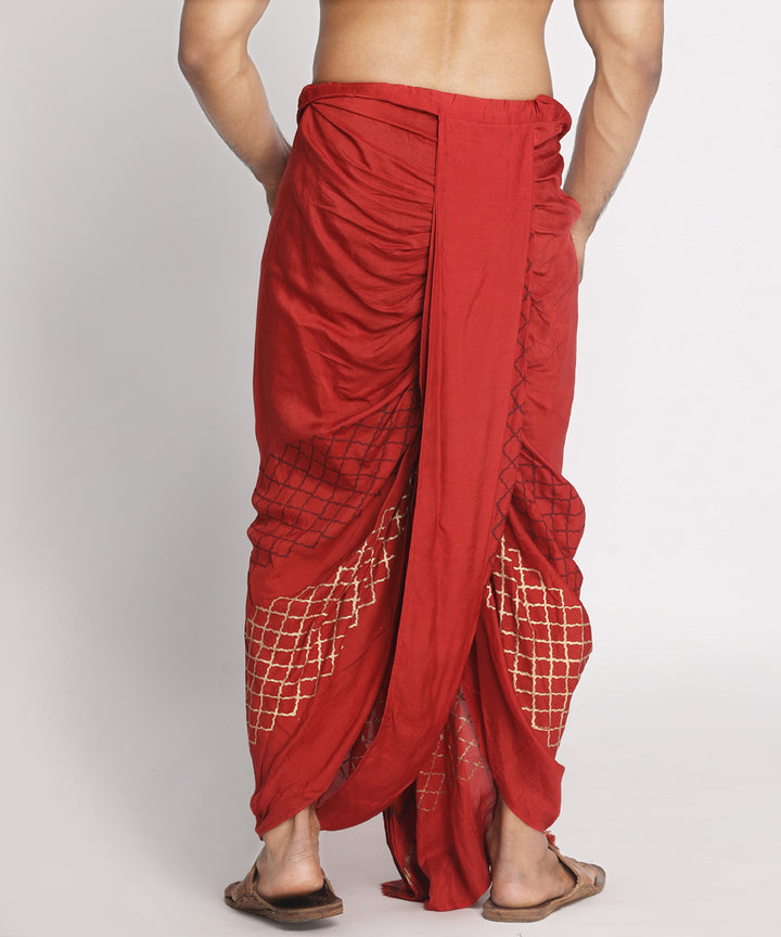 Maroon silk cotton handblock printed ready to wear stitched dhoti