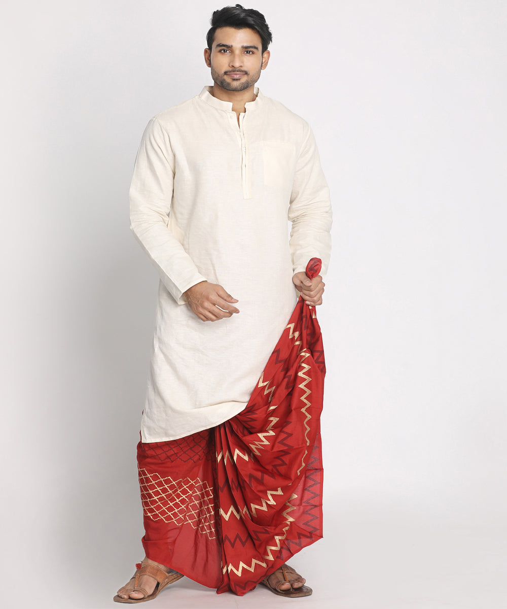 Maroon silk cotton handblock printed ready to wear stitched dhoti