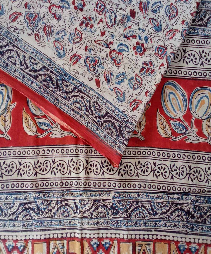 Off white multicolour hand printed cotton kalamkari saree