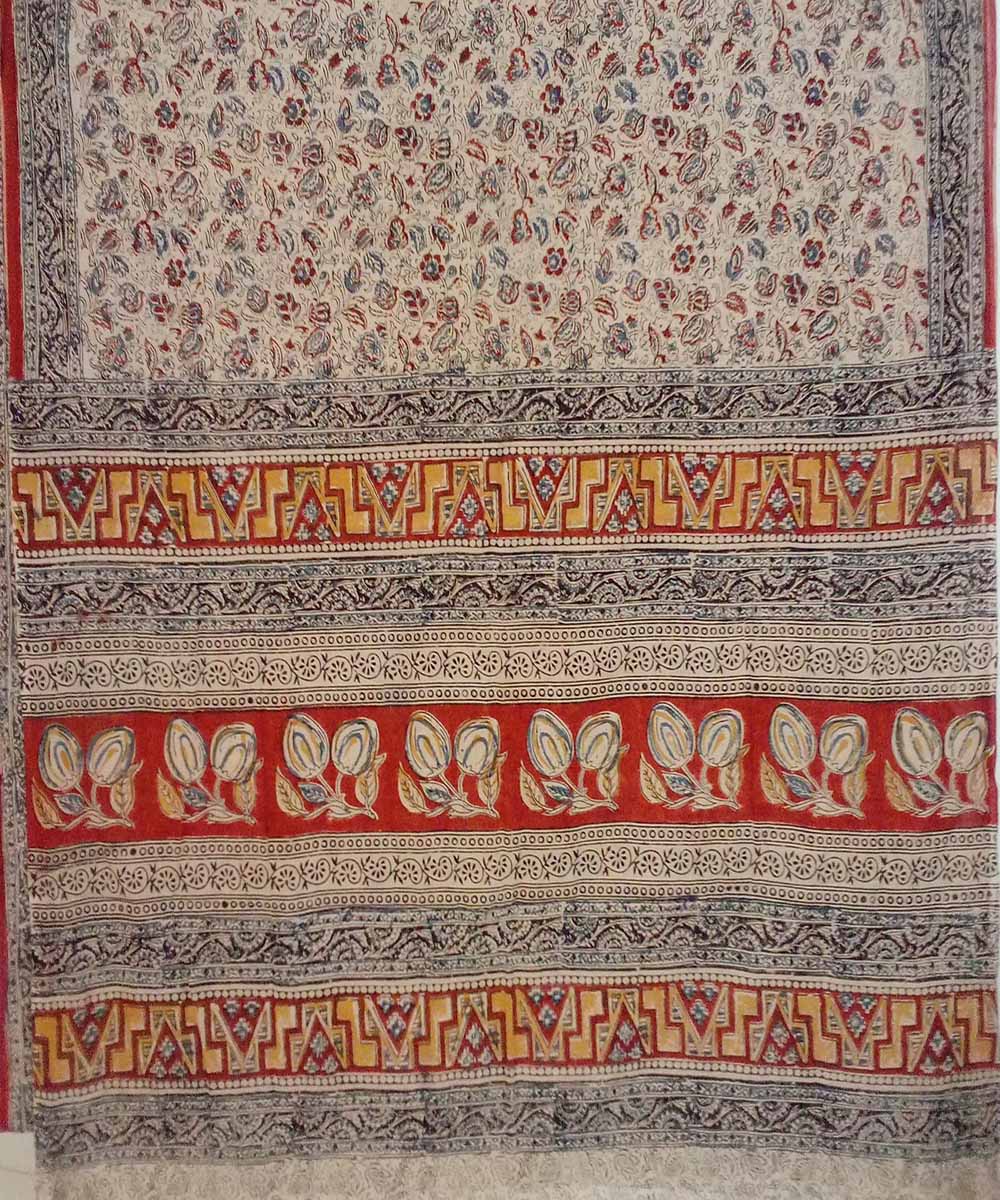 Off white multicolour hand printed cotton kalamkari saree