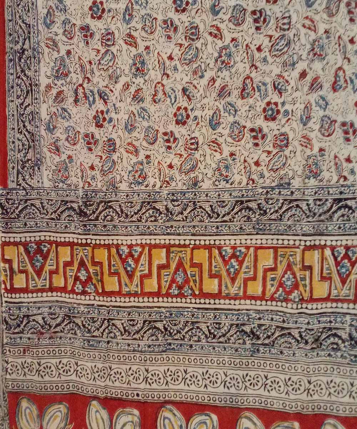 Off white multicolour hand printed cotton kalamkari saree