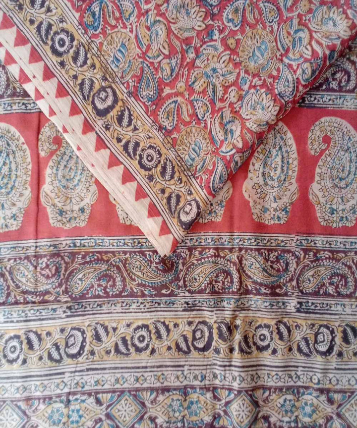 Red multicolor hand printed cotton kalamkari saree