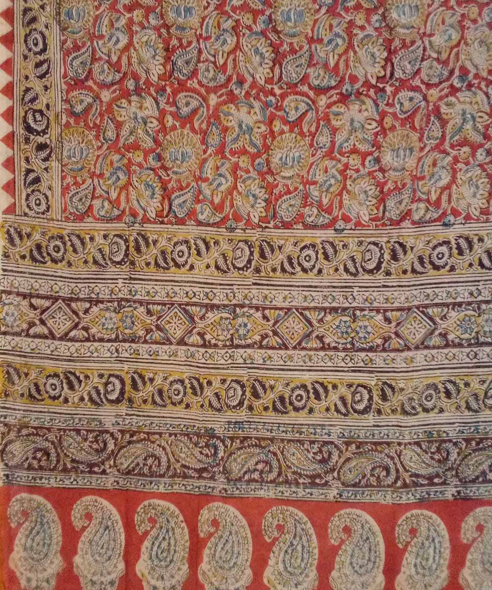 Red multicolor hand printed cotton kalamkari saree