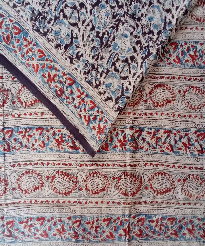 Multi colour hand printed cotton kalamkari saree