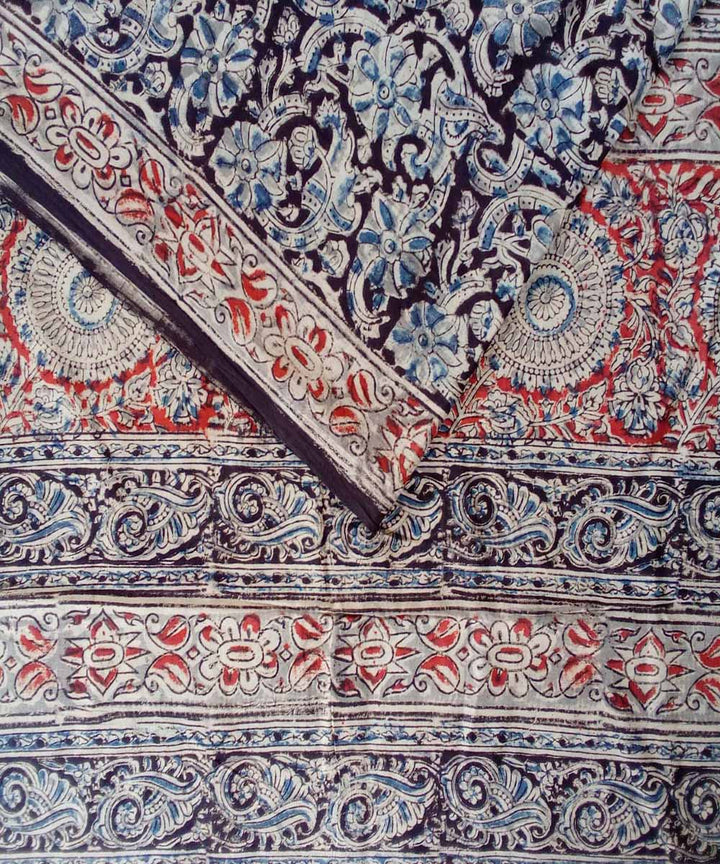 Multi color hand printed cotton kalamkari saree