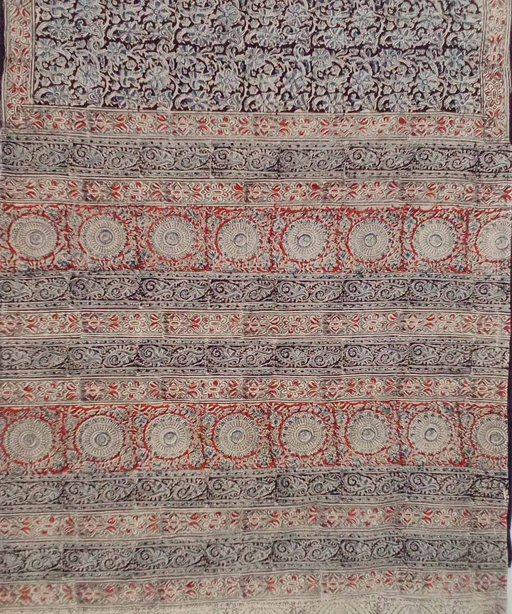 Multi color hand printed cotton kalamkari saree