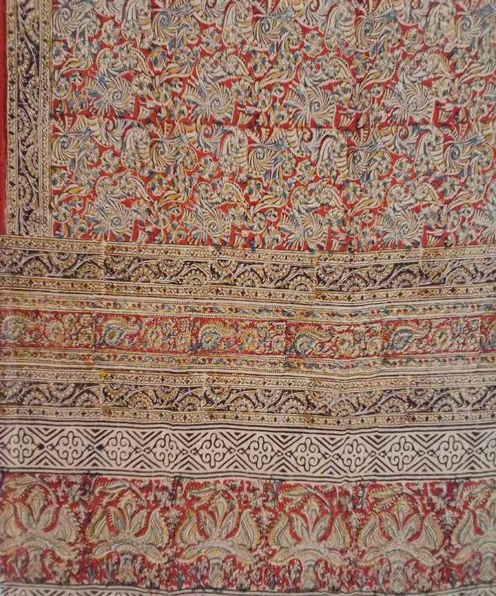 Red multicolour hand printed cotton kalamkari saree