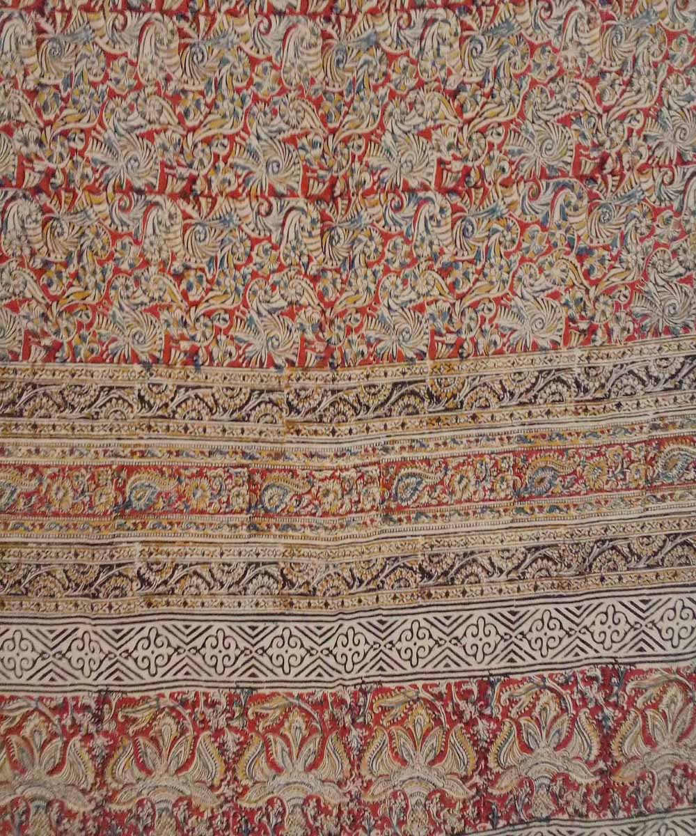 Red multicolour hand printed cotton kalamkari saree