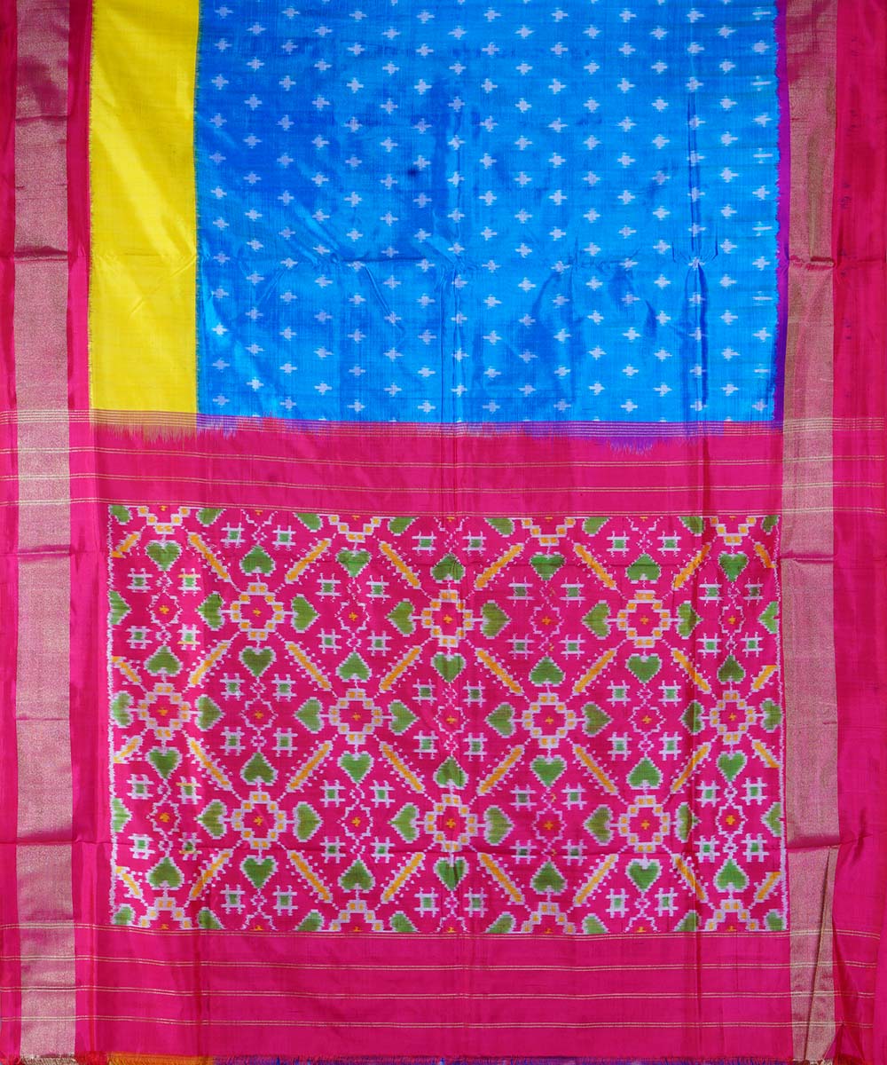 Cyan blue hand woven ikat silk pochampally saree