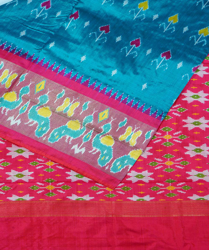 Teal blue handwoven ikat silk pochampally saree