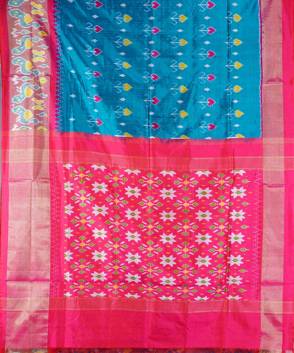 Teal blue handwoven ikat silk pochampally saree