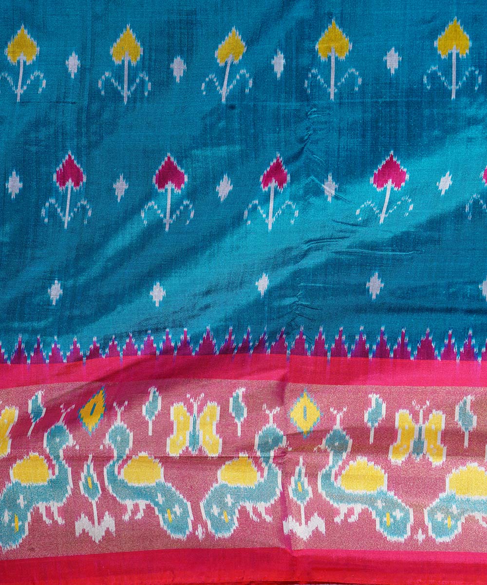 Teal blue handwoven ikat silk pochampally saree