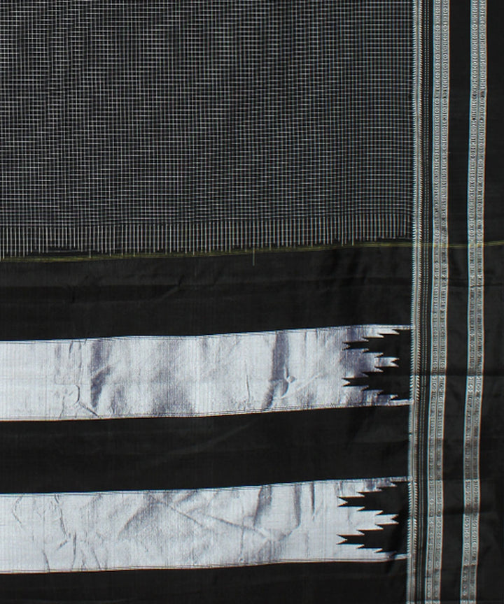Grey black checks handwoven cotton art silk gayatri border ilkal saree