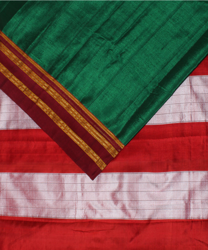 Dark green red handwoven cotton art silk gayatri border ilkal saree