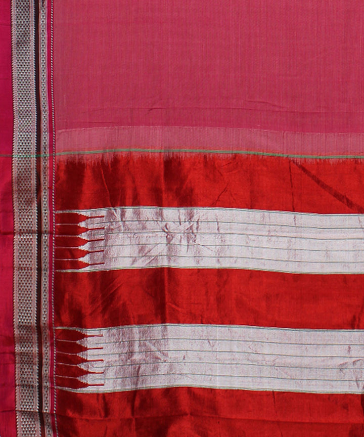 Pink red handwoven cotton art silk chikki paras border ilkal saree