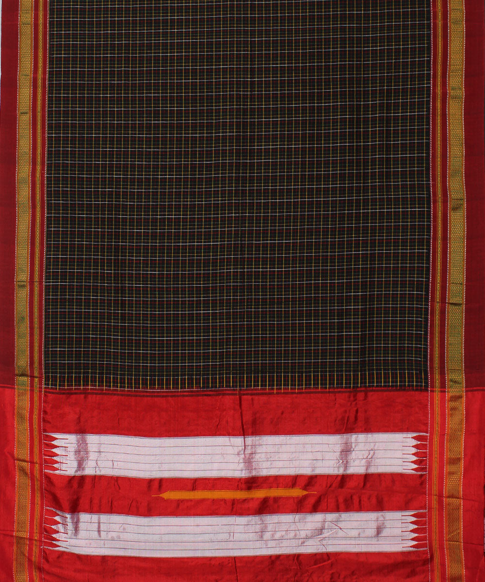 Brown red check handloom cotton art silk chikki paras ilkal saree