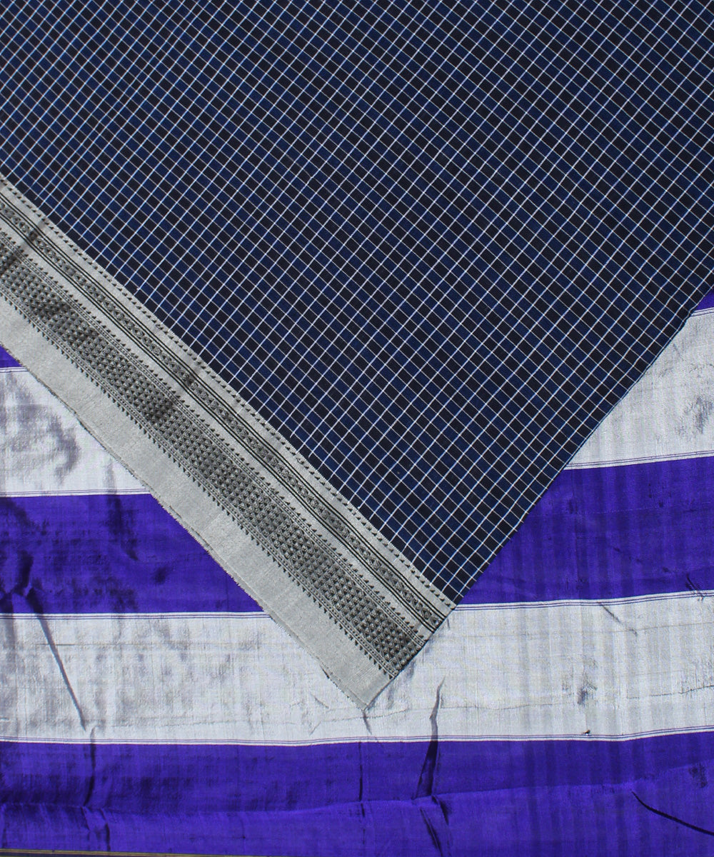 Blue checks handwoven cotton art silk chikki paras border ilkal saree