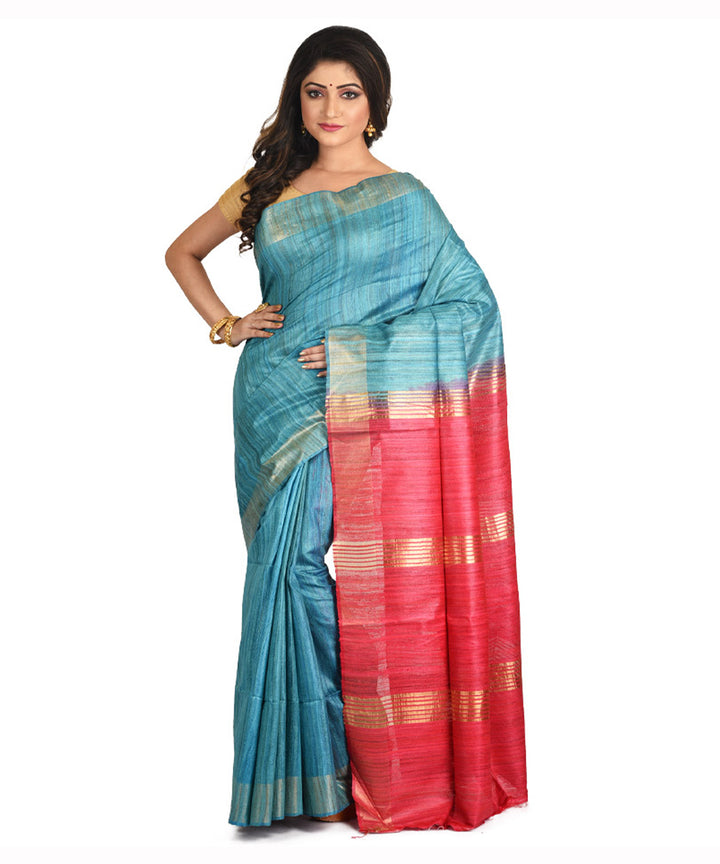 Cyan blue pink handwoven tussar silk sari