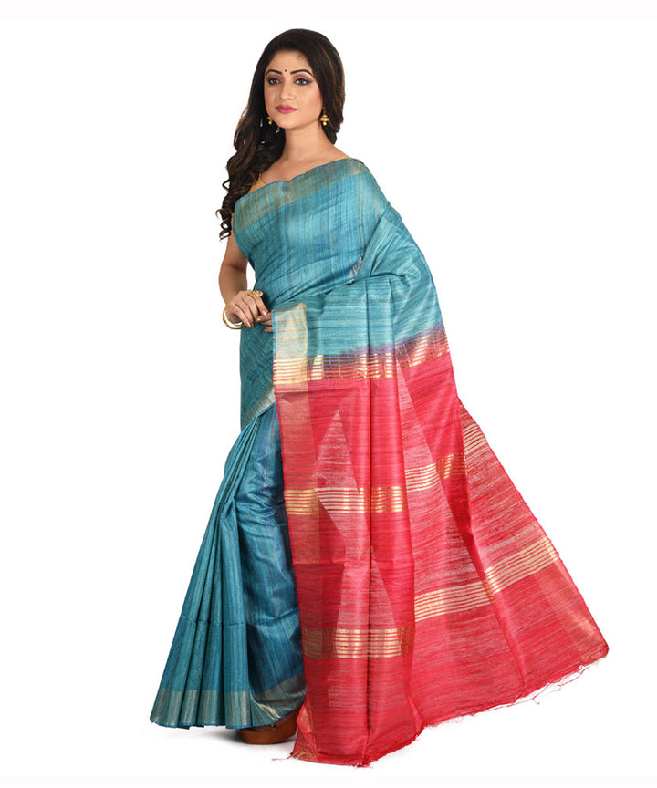 Cyan blue pink handwoven tussar silk sari