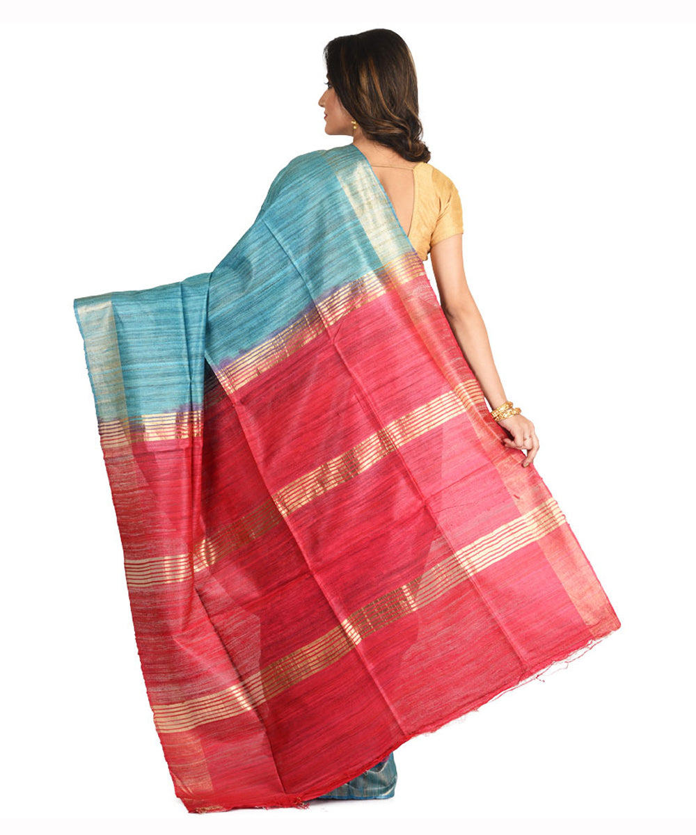 Cyan blue pink handwoven tussar silk sari