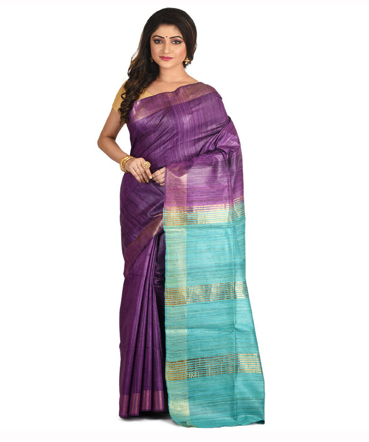 Purple sky blue handwoven tussar silk sari