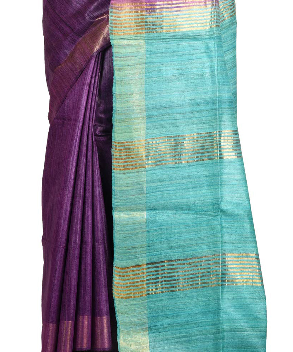 Purple sky blue handwoven tussar silk sari