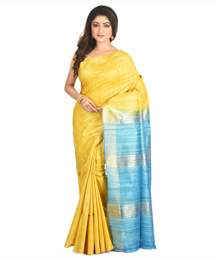 Yellow sky blue handwoven tussar silk sari