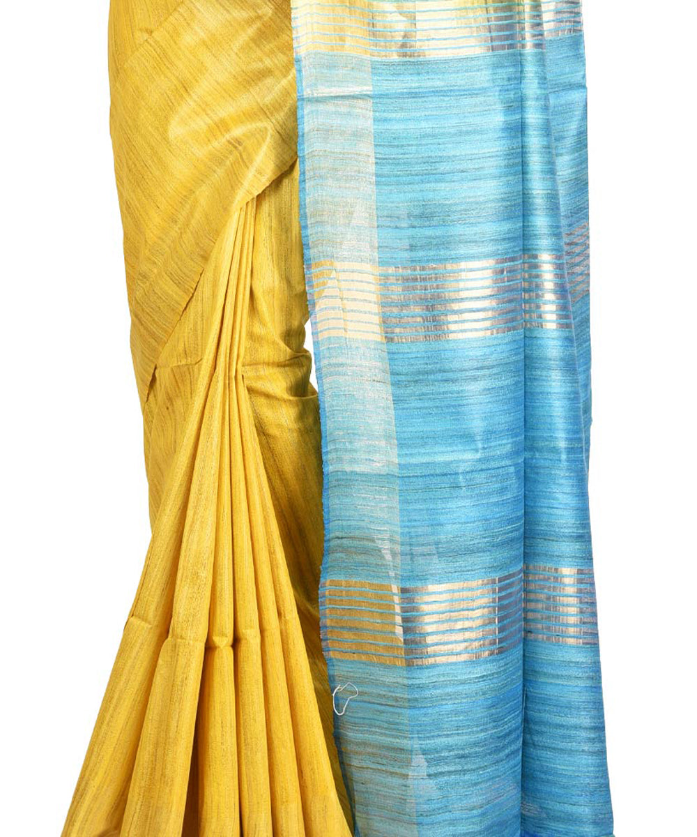 Yellow sky blue handwoven tussar silk sari
