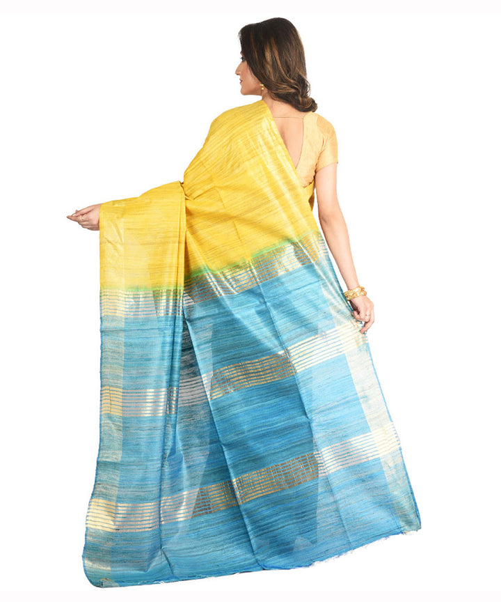 Yellow sky blue handwoven tussar silk sari